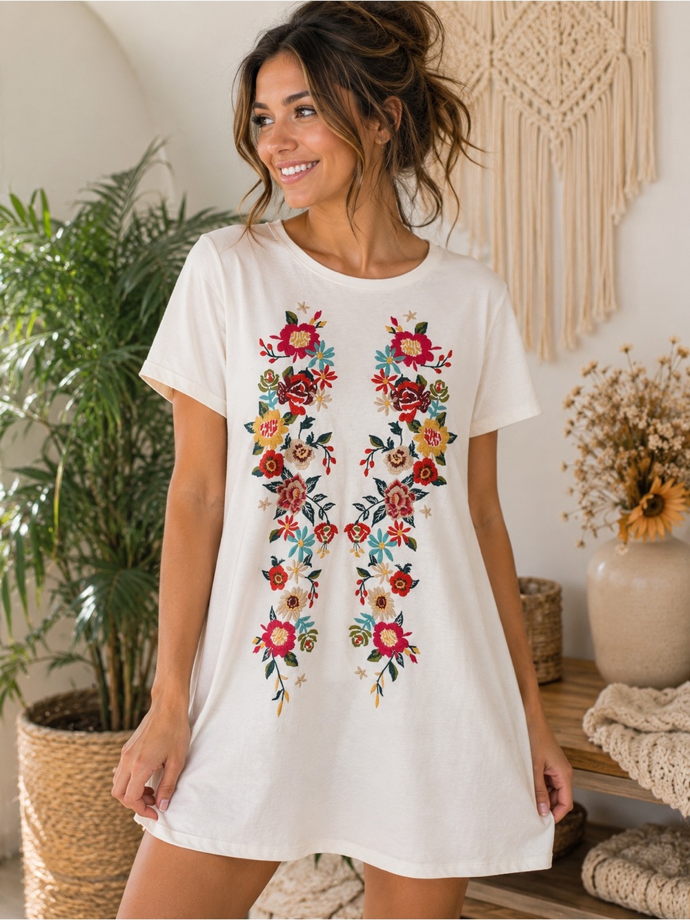 ✨ Umgee Embroidered Floral T-Shirt Dress | Medium | Boho Cottagecore Tunic Dress